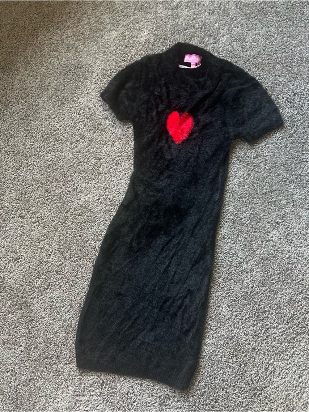 Sugar Thrillz Black Fuzzy Short Dress with Red Heart